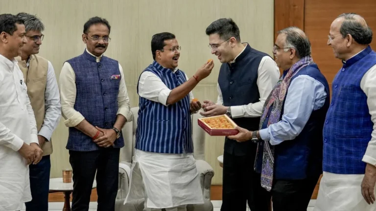 Raghav Chadha, along with fellow Rajya Sabha MPs Ashok Kumar Mittal and Sandeep Pathak in bjp