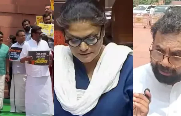 south-indian-opposition-mps-protest-at-parliament-over-bjp-mp-sushmita-dev-lungi-wala-comment